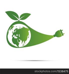 Earth symbol with green leaves around.Ecology.Green cities help the world with eco-friendly concept ideas,Vector illustration