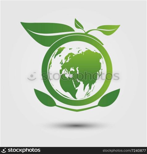Earth symbol with green leaves around.Ecology.Green cities help the world with eco-friendly concept ideas