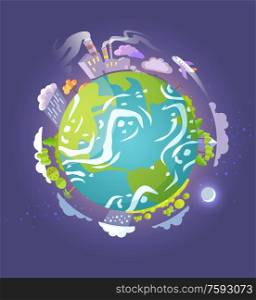 Earth vector, planet with continents and oceans flat style isolated land with skyscrapers and high building with harmful gas emission, protection. Earth Globe with Skyscrapers and Gas Emission