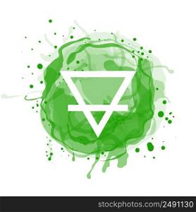 Earth vector sign. One of the four natural elements symbol. Editable white outline on green watercolor circle.. Earth vector sign. One of the four natural elements symbol. Editable white outline on green watercolor circle