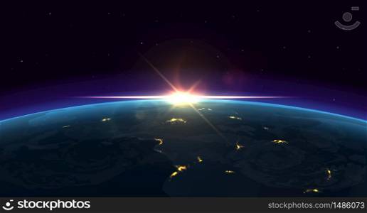 Earth view. Realistic night background of planet with glowing blue atmosphere and city lights from outer space. Vector illustration space view on light horizon sunrise. Earth view. Realistic night background of planet with glowing blue atmosphere and city lights from outer space. Vector space sunrise
