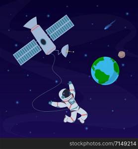 Earth with astronaut. Cosmonaut floating in stratosphere near earth planet, spaceship. Spacewalk explore at orbital station vector cosmos human satellite picture concept. Earth with astronaut. Cosmonaut floating in stratosphere near earth planet, spaceship. Spacewalk explore at orbital station vector concept