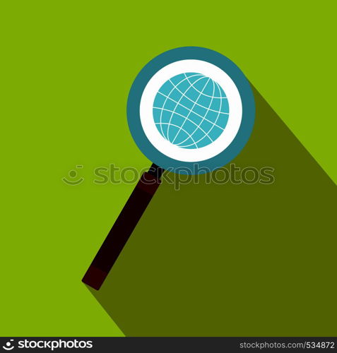 Earth with magnifying glass search icon in flat style on a green background. Earth with magnifying glass search icon flat style