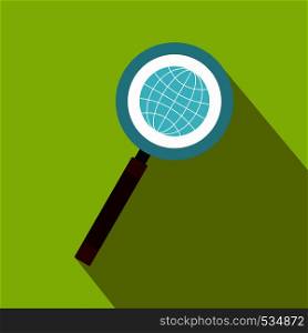 Earth with magnifying glass search icon in flat style on a green background. Earth with magnifying glass search icon flat style