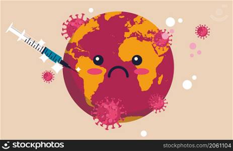 Earth world corona vaccine global dose. Planet care concept coronavirus epidemic health. Immunization vaccination warning covid. Globe map vector illustration pathogen medical injection viral