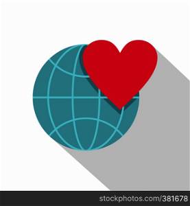 Earth world globe with heart icon. Flat illustration of globe with heart vector icon for web design. Earth world globe with heart icon, flat style