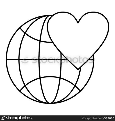Earth world globe with heart icon. Outline illustration of globe with heart vector icon for web design. Earth world globe with heart icon, outline style