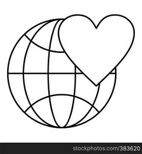 Earth world globe with heart icon. Outline illustration of globe with heart vector icon for web design. Earth world globe with heart icon, outline style