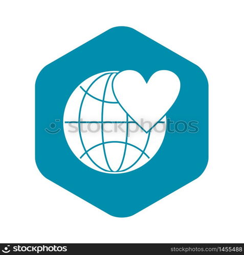 Earth world globe with heart icon. Simple illustration of globe with heart vector icon for web design. Earth world globe with heart icon, simple style