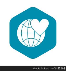 Earth world globe with heart icon. Simple illustration of globe with heart vector icon for web design. Earth world globe with heart icon, simple style