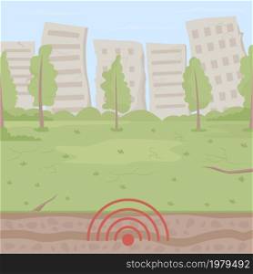 Earthquake activity in urban park flat color vector illustration. Catastrophic situation. Event with potential damage. Ground shaking 2D cartoon cityscape with residential buildings on background. Earthquake activity in urban park flat color vector illustration