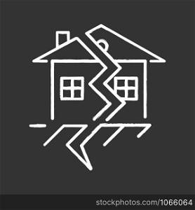 Earthquake chalk icon. Displacement of earth surface. Natural disaster. Geological fault. Seismic activity. Cracked ground and house. Material damage. Isolated vector chalkboard illustration