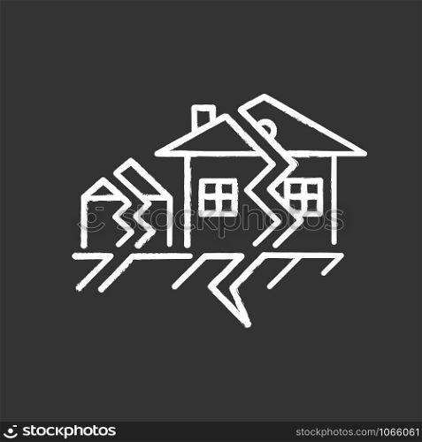 Earthquake chalk icon. Seismic activity. Temblor buildings destruction. Cracked ground, houses. Displacement of earth surface in settlement. Natural disaster. Isolated vector chalkboard illustration