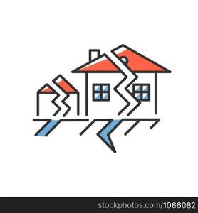 Earthquake color icon. Seismic activity. Temblor buildings destruction. Cracked ground and houses. Displacement of earth surface in settlement. Natural disaster. Isolated vector illustration
