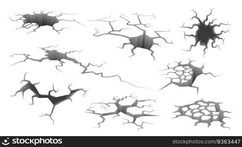 Earthquake crack. Ruined wall, hole in ground with cracking and earth destruction cracks isolated vector cartoon symbols of damage breaks surface set isolated on white. Earthquake crack. Ruined wall, hole in ground with cracking and earth destruction cracks isolated vector cartoon set isolated on white