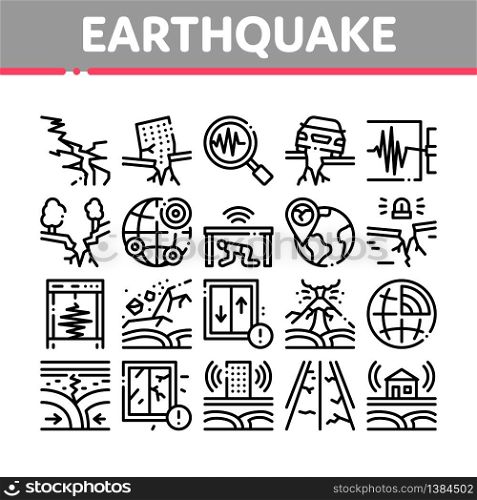 Earthquake Disaster Collection Icons Set Vector. Building And Road Destruction, Stone Collapse And Earthquake Catastrophe Concept Linear Pictograms. Monochrome Contour Illustrations. Earthquake Disaster Collection Icons Set Vector