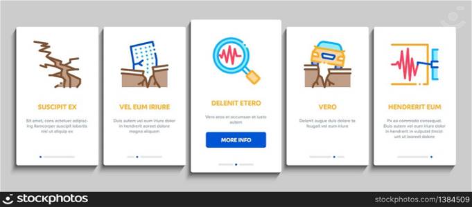 Earthquake Disaster Onboarding Mobile App Page Screen Vector. Building And Road Destruction, Stone Collapse And Earthquake Catastrophe Color Contour Illustrations. Earthquake Disaster Onboarding Elements Icons Set Vector