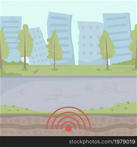 Earthquake event in city flat color vector illustration. Urban seismic hazard. Ground surface deformation. Extremely dangerous situation 2D cartoon cityscape with shaking buildings on background. Earthquake event in city flat color vector illustration