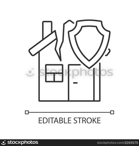 Earthquake home insurance linear icon. Protection from disaster. Thin line customizable illustration. Contour symbol. Vector isolated outline drawing. Editable stroke. Arial font used. Earthquake home insurance linear icon