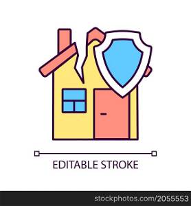 Earthquake home insurance RGB color icon. Safety from disaster. Private property safety. Financial support. Isolated vector illustration. Simple filled line drawing. Editable stroke. Arial font used. Earthquake home insurance RGB color icon