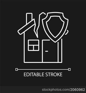 Earthquake home insurance white linear icon for dark theme. Safety from disaster. Thin line customizable illustration. Isolated vector contour symbol for night mode. Editable stroke. Arial font used. Earthquake home insurance white linear icon for dark theme