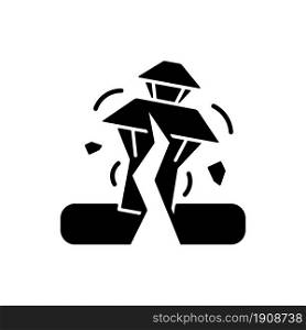 Earthquake in Nepal black glyph icon. Seismically active region. Damaged towns, structures risk. Most-at-risk location for earthquakes. Silhouette symbol on white space. Vector isolated illustration. Earthquake in Nepal black glyph icon