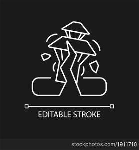 Earthquake in Nepal white linear icon for dark theme. Seismically active region. Damaged towns. Thin line customizable illustration. Isolated vector contour symbol for night mode. Editable stroke. Earthquake in Nepal white linear icon for dark theme