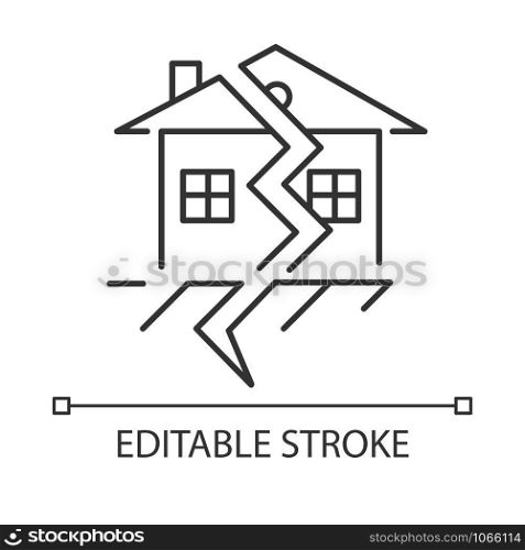 Earthquake linear icon. Displacement of earth surface. Seismic activity. Cracked ground and house. Thin line illustration. Contour symbol. Vector isolated outline drawing. Editable stroke