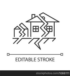 Earthquake linear icon. Seismic activity. Temblor buildings destruction. Cracked ground and houses. Thin line illustration. Contour symbol. Vector isolated outline drawing. Editable stroke