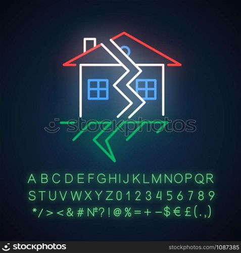 Earthquake neon light icon. Displacement of earth surface. Seismic activity. Cracked ground and house. Material damage. Glowing sign with alphabet, numbers and symbols. Vector isolated illustration