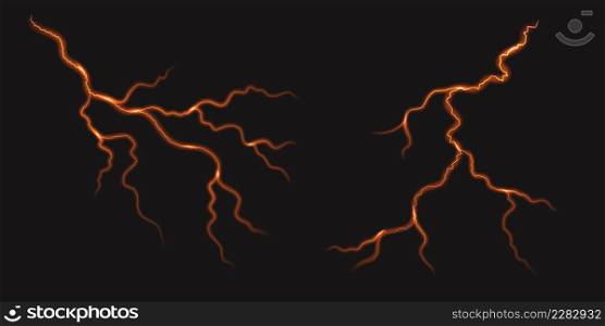 Earthquake thunderstorm cracks. Fire lava, molten magma, volcano earth breaks. Lightning thunder bolt, glow effect. Volcanic red strikes isolated. Vector illustration.