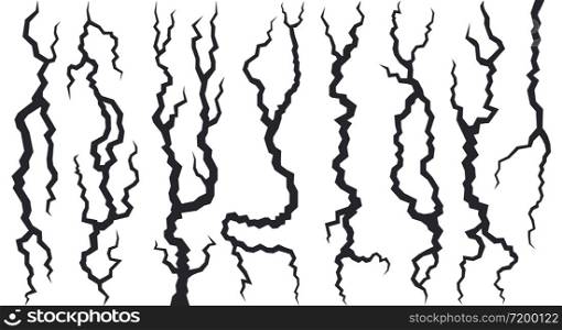 Earthquake wall cracks. Cracked destroy surface, damaged craquelure effect ground. Broken cracking wall elements isolated vector illustration set. Surface earthquake, damaged collapse. Earthquake wall cracks. Cracked destroy surface, damaged craquelure effect ground. Broken cracking wall elements isolated vector illustration set