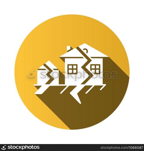 Earthquake yellow flat design long shadow glyph icon. Seismic activity. Temblor buildings destruction. Cracked ground and houses. Natural disaster. Vector silhouette illustration