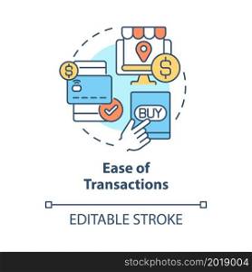 Ease of transactions concept icon. Online entrepreneurship benefit abstract idea thin line illustration. Digital payments. Pay with credit card. Vector isolated outline color drawing. Editable stroke. Ease of transactions concept icon