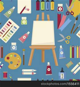 Easel and paint art painting tools and equipment seamless pattern vector canvas and paper oil and watercolor gouache, and acrylic paintbrush and scissors highlighter and pencils or pens thread and glue. Art painting tools and equipment seamless pattern easel and paint