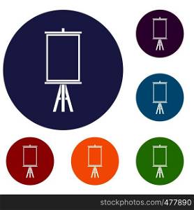 Easel icons set in flat circle red, blue and green color for web. Easel icons set