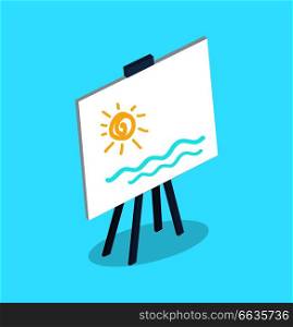 Easel on four legs with white canvas where drawn abstract sun and sea vector illustration isolated on blue background. Childish picture depicted by kid. Easel on Four Legs with White Canvas Vector
