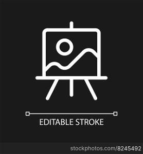 Easel stand for art class pixel perfect white linear ui icon for dark theme. Painting course. Vector line pictogram. Isolated user interface symbol for night mode. Editable stroke. Arial font used. Easel stand for art class pixel perfect white linear ui icon for dark theme