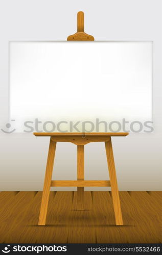 Easel with a blank canvas on a wooden floor