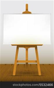 Easel with a blank canvas on a wooden floor