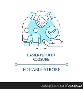Easier project closure turquoise concept icon. Benefit of stakeholder management abstract idea thin line illustration. Isolated outline drawing. Editable stroke. Arial, Myriad Pro-Bold fonts used. Easier project closure turquoise concept icon