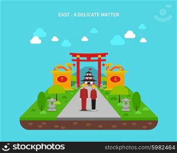 East Concept Illustration . East and China concept with architecture traditional symbols and gardens flat vector illustration