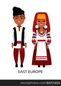 East europe costumes, woman wearing embroidered with red threads dress, man with hat on vector illustration isolated on white background. East Europe Costumes on Vector Illustration White