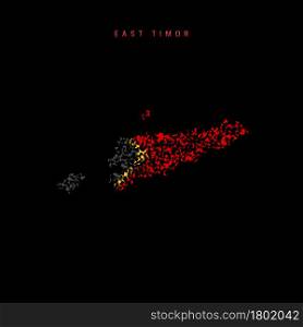 East Timor flag map, chaotic particles pattern in the colors of Timor-Leste flag. Vector illustration isolated on black background.. East Timor flag map, chaotic particles pattern in the Timor-Leste flag colors. Vector illustration