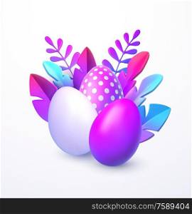 Easter background. Bright stylish 3D foliage in the style of webdesign neomorphism. Template for advertising banner, flyer, flyer, poster, web page. Vector illustration EPS10. Easter background. Bright stylish 3D foliage in the style of webdesign neomorphism. Template for advertising banner, flyer, flyer, poster, web page. Vector illustration