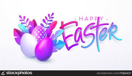 Easter background. Bright stylish 3D foliage in the style of webdesign neomorphism. Template for advertising banner, flyer, flyer, poster, web page. Vector illustration EPS10. Easter background. Bright stylish 3D foliage in the style of webdesign neomorphism. Template for advertising banner, flyer, flyer, poster, web page. Vector illustration