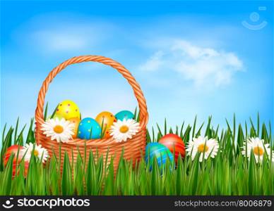 Easter background. Easter eggs and flower with basket in the grass. Vector