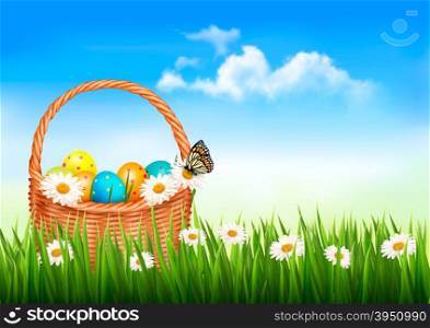 Easter background. Easter eggs and flowers in a basket in the grass. Vector.