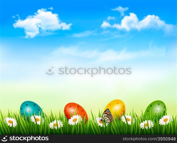 Easter background. Easter eggs laying in green grass with daisy under blue sky. Vector.