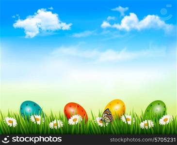 Easter background. Easter eggs laying in green grass with daisy under blue sky. Vector.